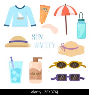 Sonnenschutzset. Handgezeichnete Illustration von Sonnenschutzspitzen, Creme und Lotion, Wasserflasche, Sonnenbrille und Hüten. Vektor isolierte Elemente auf einem WHI Stock Vektor