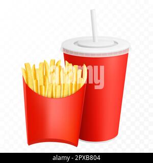 Pommes frites, Kartoffelchips, Snack in roter Papppackung, mit Plastik- oder Pappbecher mit Trinkhalm. Snack Fast Food zum Mitnehmen. Realistisch Stock Vektor