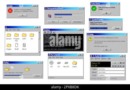 Vintage-PC-Software-Fenster, Nachrichtentafeln, Vektorhintergründe. Vintage-PC-Fenster mit Dateiordnern auf der Festplatte, Systemfehler-Popu Stock Vektor