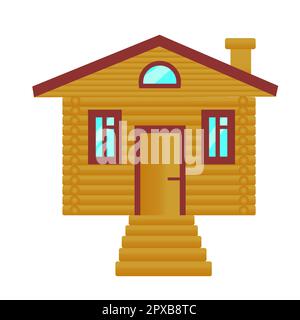 Holzhaus aus braunen Holzstämmen mit einer Veranda und rotem Dach auf weißem Hintergrund. Holzhaus, Hütte. Vektordarstellung. Stock Vektor