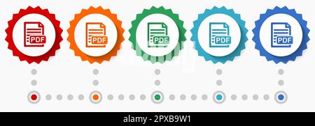 PDF-Datei, Symbolsatz für digitale Dokumentvektoren, farbenfrohe Infografik-Vorlage, Satz von Badge-Symbolen mit flachem Design in 5 Farboptionen Stock Vektor