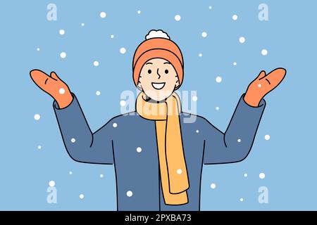 Ein lächelnder Junge, der draußen steht, ist begeistert von Schnee. Glückliches Kind in Oberbekleidung mit Winterferien überglücklich. Vektordarstellung. Stockfoto