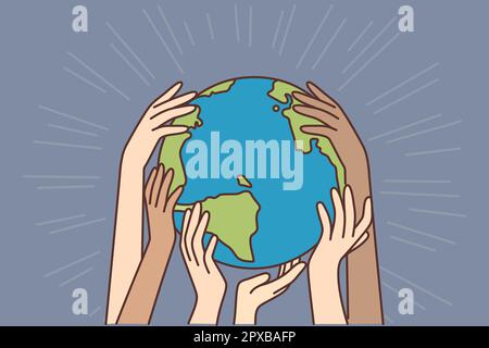Hände verschiedener Menschen, die den Planeten Erde berühren. Multikulturelle Figuren, die sich gegenseitig unterstützen. Toleranz, Einheit und Frieden. Cartoon Vector Krank Stockfoto