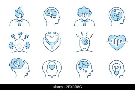 Symbole für psychische Gesundheit, wie Wohltätigkeit, Angst, Therapie, Panikattacke und mehr. Vektordarstellung auf weiß isoliert. Bearbeitbare Kontur. Ändern Sie zu einem beliebigen Stock Vektor