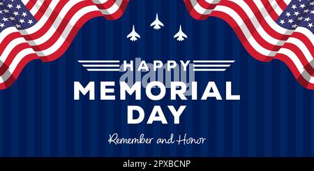 Flaches Design Happy Memorial Day mit Silhouette-Flugzeug und amerikanischen Flaggen Stock Vektor