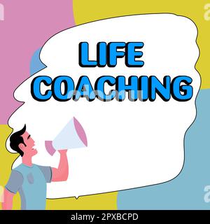 Das Textzeichen „Life Coaching, Business Approach Improve Life by Challenges“ (Life-Coaching, Geschäftsansatz, Leben durch Herausforderungen verbessern) ermutigt uns in unserer Karriere Stockfoto