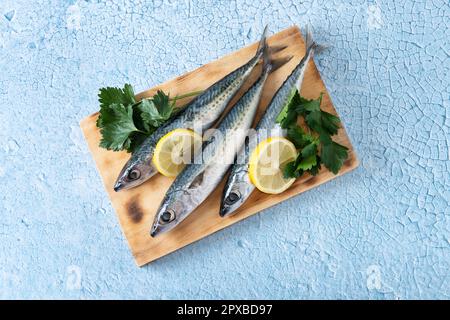 Rohes Makrelensalz auf blauem Hintergrund Stockfoto