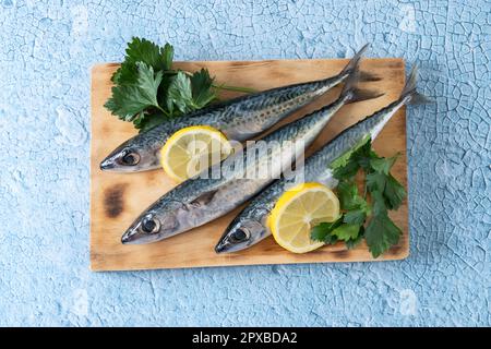Rohes Makrelensalz auf blauem Hintergrund Stockfoto