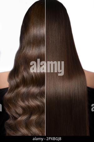 Eine Frau zuvor, nachdem sie ihre Haare gelockert hatte. Rückansicht, gerade und Locken. Nahaufnahme Stockfoto