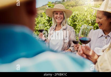 Eine Gruppe von Freunden, die Weingläser auf einem Weinberg halten. Glückliche Gruppe von Menschen, die während der Weinprobe auf dem Bauernhof zusammen stehen und sich verbinden Stockfoto