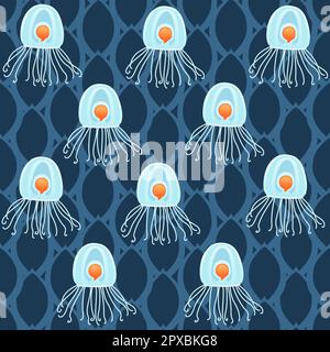 Nahtloses Muster mit orangefarbener Quallen-Vektordarstellung auf blauem Hintergrund Stock Vektor