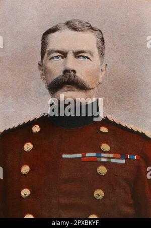 Herbert Kitchener, 1. Earl Kitchener. Feldmarschall Horatio Herbert Kitchener, 1. Earl Kitchener (1850-1916), war ein leitender Offizier der britischen Armee und Kolonialverwalter. Kitchener wurde für seine kaiserlichen Kampagnen, seine Beteiligung am Zweiten Burenkrieg und seine zentrale Rolle zu Beginn des Ersten Weltkriegs berühmt. Stockfoto