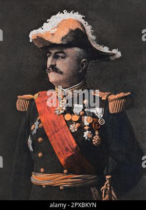 Der französische General Franchet d'Esperey Louis Félix Marie Francois Franchet d'Espèrey (1856-1942) war während des Ersten Weltkriegs französischer General Als Befehlshaber der großen alliierten Armee mit Sitz in Salonika führte er den erfolgreichen mazedonischen Feldzug durch, der den Zusammenbruch der Südfront verursachte und zum Waffenstillstand beitrug. Stockfoto