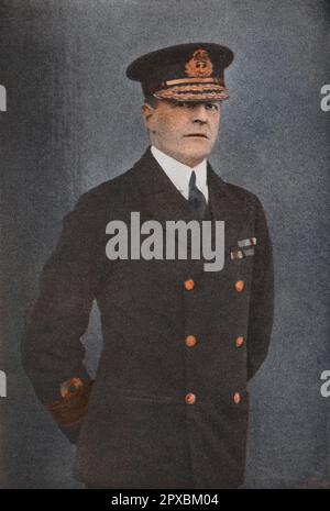 Admiral Beatty. Admiral der Flotte, David Richard Beatty, 1. Earl Beatty (1871-1936), war ein Royal Navy Offizier. Nach seiner Tätigkeit im Mahdistenkrieg und der Reaktion auf den Boxeraufstand befehligte er 1916 die 1. Kampfgeschwader in der Schlacht von Jütland. Später im Krieg folgte er Jellicoe als Oberbefehlshaber der Großen Flotte, in dessen Funktion er am Ende des Krieges die Kapitulation der deutschen Hochseeflotte erhielt. Stockfoto