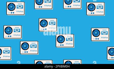 Nahtloses Muster endlos mit Musik-Audiokassette Alte Retro-Kassettenrekorder Hipster aus den Jahren 70s, 80s und 90s isoliert auf blauem Hintergrund. Vektor krank Stock Vektor