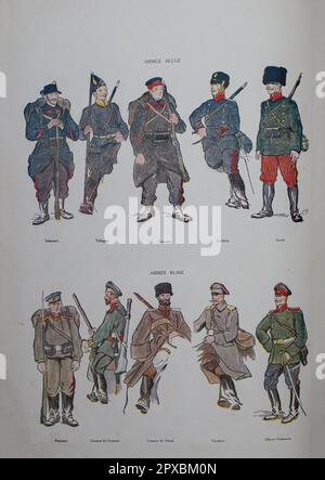 Erster Weltkrieg (Belgische Armee) Feldspieler. Grenadier. Artillerie. Führer Russische Armee: Infanterist. Kosaken des Ataman-Regiments. Kosaken Ural. Kavallerie. Infanterieoffizier Stockfoto