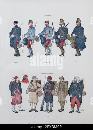 Erster Weltkrieg Französische Armee. Kavallerie. Oben, von links nach rechts: Artillerist (Pferdeartillerie). Hussar. Jäger auf dem Pferderücken. Dragoon. Cuirassier. Französische Afrika-Truppen. Unten, von links nach rechts: Zouave. Algerischer Rifleman. Der Senegalesische Rifleman. Marokkanischer Rifleman. Soldat einer fremden Legion. Stockfoto