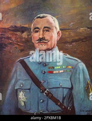 Französischer General Nivelle. Von F.-Ch. Baude Robert Georges Nivelle (1856-1924) war ein französischer Artillerieoffizier, der beim Boxeraufstand und im Ersten Weltkrieg diente. Nivelle war eine sehr fähige Kommandantin und Organisatorin der Feldartillerie auf Regimentsebene und Divisionalebene. Im Mai 1916 folgte er Philippe Pétain als Befehlshaber der französischen Zweiten Armee in der Schlacht von Verdun und leitete die Gegenoffensive, die Ende 1916 die deutschen Streitkräfte zurückdrängte. Während dieser Aktionen wurden er und General Charles Mangin bereits beschuldigt, französische Leben verschwendet zu haben. Stockfoto