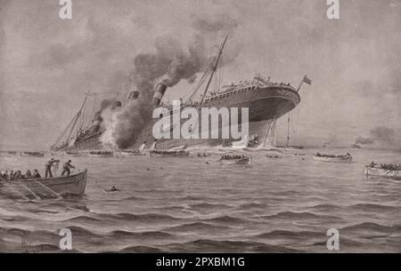 Erster Weltkrieg Torpedos der "Lusitania". Das RMS Lusitania war ein britisch registriertes Schiff, das während des Ersten Weltkriegs am 7. Mai 1915 von einem kaiserlichen deutschen Marine-U-Boot torpediert wurde, etwa 11 Seemeilen (20 km) vor dem Alten Kopf von Kinsale, Irland. Von den 1.266 Passagieren und der 696 Besatzung an Bord überlebten 761 Menschen, und 123 der Opfer waren amerikanische Staatsbürger. Stockfoto