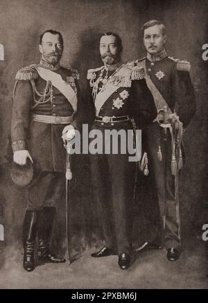 Erster Weltkrieg Große Verbündete Frankreichs. Von links nach rechts: Nicholas II., Kaiser von Russland, George V., König von England, Albert I, König der Belgier Stockfoto