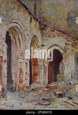 Erster Weltkrieg Krieg und Kultur. Die Kirche in Sercorn. 1914. Von P. Vignal Sercorn ist eine Gemeinde im Departement Oise in Nordfrankreich. Stockfoto