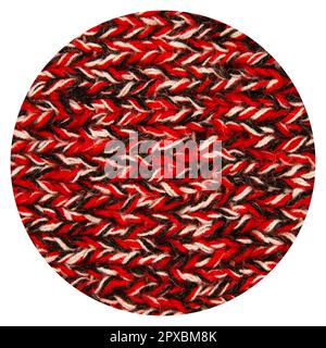 Gemusterter Stoff aus Wolle. Handgefertigter Strickstoff mit schwarzweißer und roter Wollhintergrundstruktur Stockfoto