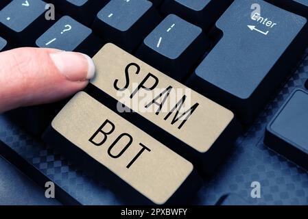 Handschriftlicher Text Spam bot, ein Wort, das in einem autonomen Programm im Internet geschrieben wurde und Spam an Benutzer sendet Stockfoto