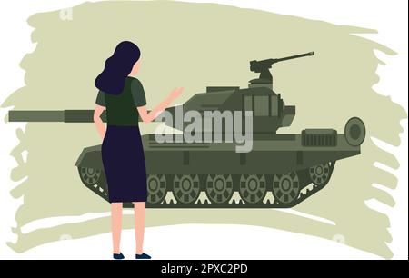 Das Mädchen schaut auf den Militärpanzer. Stock Vektor
