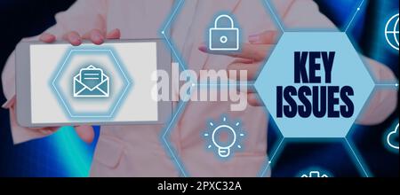 Text mit Inspiration Schlüsselthemen, Geschäftsüberblick wichtige oder ungeklärte Angelegenheit, über die die Leute streiten Stockfoto