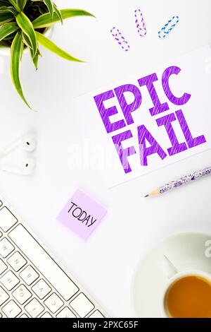 Schild mit der Anzeige „Epic Fail, Business Overview“ ein spektakulär peinlicher Fehler, erniedrigende Situation Stockfoto