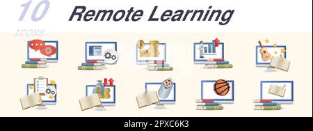 Remote-Lernset. Kreative Ikonen: Psychologie-Kurs, Entwicklerkurs, Geschäft, persönlicher Entwicklungskurs, Musikkurs, Projektmanagement, Makler Stock Vektor