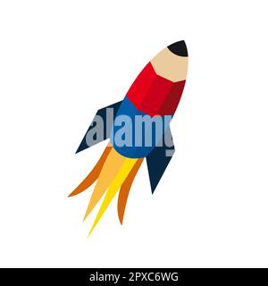 Roter und blauer Bleistift in Raketenform. Schnelles Lernen, schnelles Lernkonzept. Vektorvorlage, Logo-Design Stock Vektor