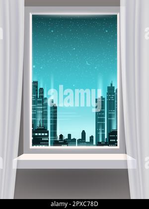 Vektordarstellung eines Fensters. Cartoon Flachbild Fensteransicht einer grünen Landschaft mit Bäumen. Stock Vektor