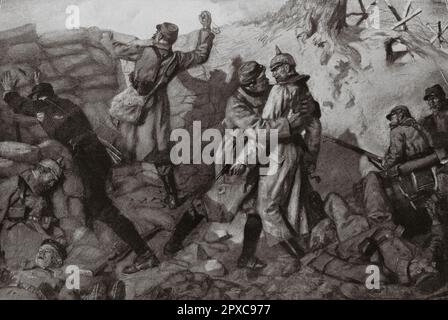 Erster Weltkrieg Die Eroberung des Lorette-Massivs. Ein Körper zu Körper in einer Festung. Von Lucien Jonas Hand-an-Hand-Kampf zwischen deutschen und französischen Soldaten Stockfoto