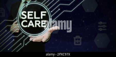 Handschrift Text Selbstpflege, konzeptuelles Foto Geben Sie Ihrem eigenen Körper ohne professionellen Berater Komfort Stockfoto
