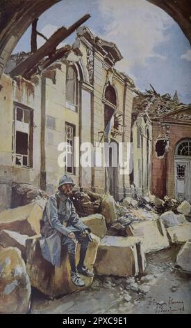 Erster Weltkrieg Frankreich im Krieg. Französischer Soldat auf den Ruinen von Cour de l'Eveche. 1916. Von Francois Flameng Stockfoto