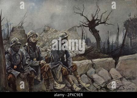 Erster Weltkrieg Frankreich im Krieg. Französische Soldaten auf den Ruinen der Kirche in Dompierre. 1916. Von Francois Flameng Stockfoto