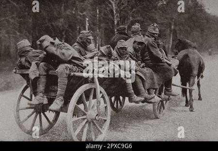 Erster Weltkrieg Russland im Krieg. Verwundete österreichische Gefangene, zu Krankenwagen gefahren: Im hinteren Teil des Fahrzeugs versteckt nur einer sein Gesicht. 1916 Stockfoto