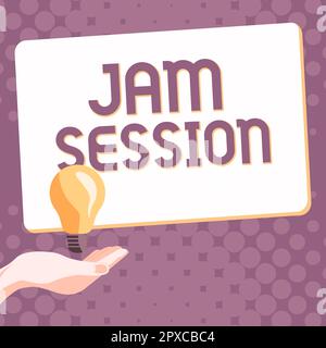 Textbeschriftung mit Jam Session, spontane Konzeptfoto-Vorstellung durch eine Gruppe von Musikern Stockfoto