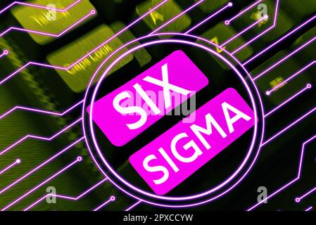 Textunterschrift mit Six Sigma, Word für Managementtechniken zur Verbesserung von Geschäftsprozessen Stockfoto