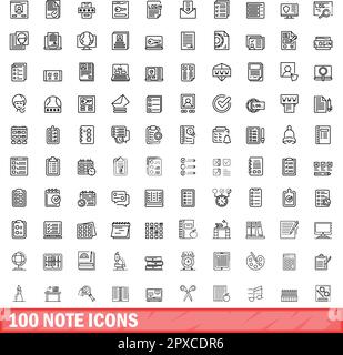 100 Notizensymbole eingestellt. Umrissdarstellung der 100-Notizsymbole Vektorsatz isoliert auf weißem Hintergrund Stock Vektor