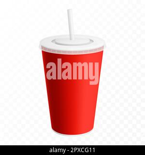 Plastikbecher für Soda-Getränke oder Pappbecher mit Trinkhalm, Vector Realistic 3D weiße Einwegpackung. Limonade, Saft oder Eistee, alkoholfreie Fastfood-Getränke Stock Vektor