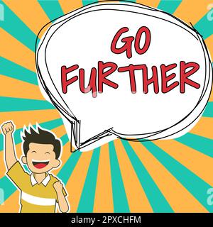Textunterschrift mit „Go further“ (Weiter), „Business overview“ (Geschäftsübersicht), um mehr Distanz zu erreichen oder Ihre Grenzen zu überwinden Stockfoto