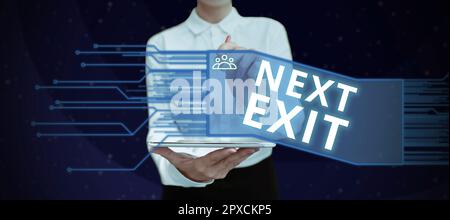 Schild mit nächster Ausfahrt, Bild des folgenden Ausgangs oder des Ausgangs an einem Ort oder einer Autobahn Stockfoto