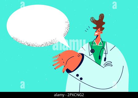 Lächelnder männlicher Arzt in weißer medizinischer Uniform mit Sprechblase. Glücklicher Hausarzt oder Therapeut Gespräch Patient konsultieren. Medizin und Gesundheitswesen. Vektorillus Stockfoto