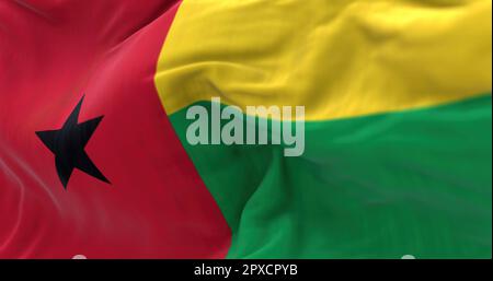 Detail der Guinea-Bissau Nationalflagge, die winkt. Die Republik Guinea-Bissau ist ein westafrikanischer Staat. Geriffelter Stoff. Strukturierter Hintergrund. Realistisch 3D Stockfoto