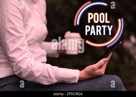 Schild mit Poolparty, Geschäftsübersicht Feier, einschließlich Aktivitäten in einem Swimmingpool Stockfoto