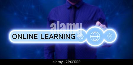 Schild mit der Aufschrift Online Learning, Business Showcase Larning mit Hilfe des Internets und eines Computers Stockfoto