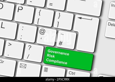 Abbildung: Computertastatur für das Governance Risk Compliance-Konzept 3D Stockfoto