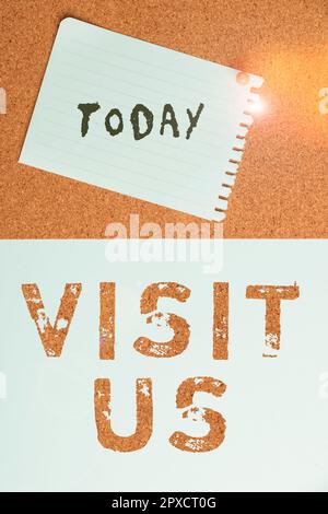 Schreiben Anzeigetext Besuchen Sie uns, Word für die Einladung Überwachen Sie Eine Webseite Link zum Homepage-Blog Internet Stockfoto